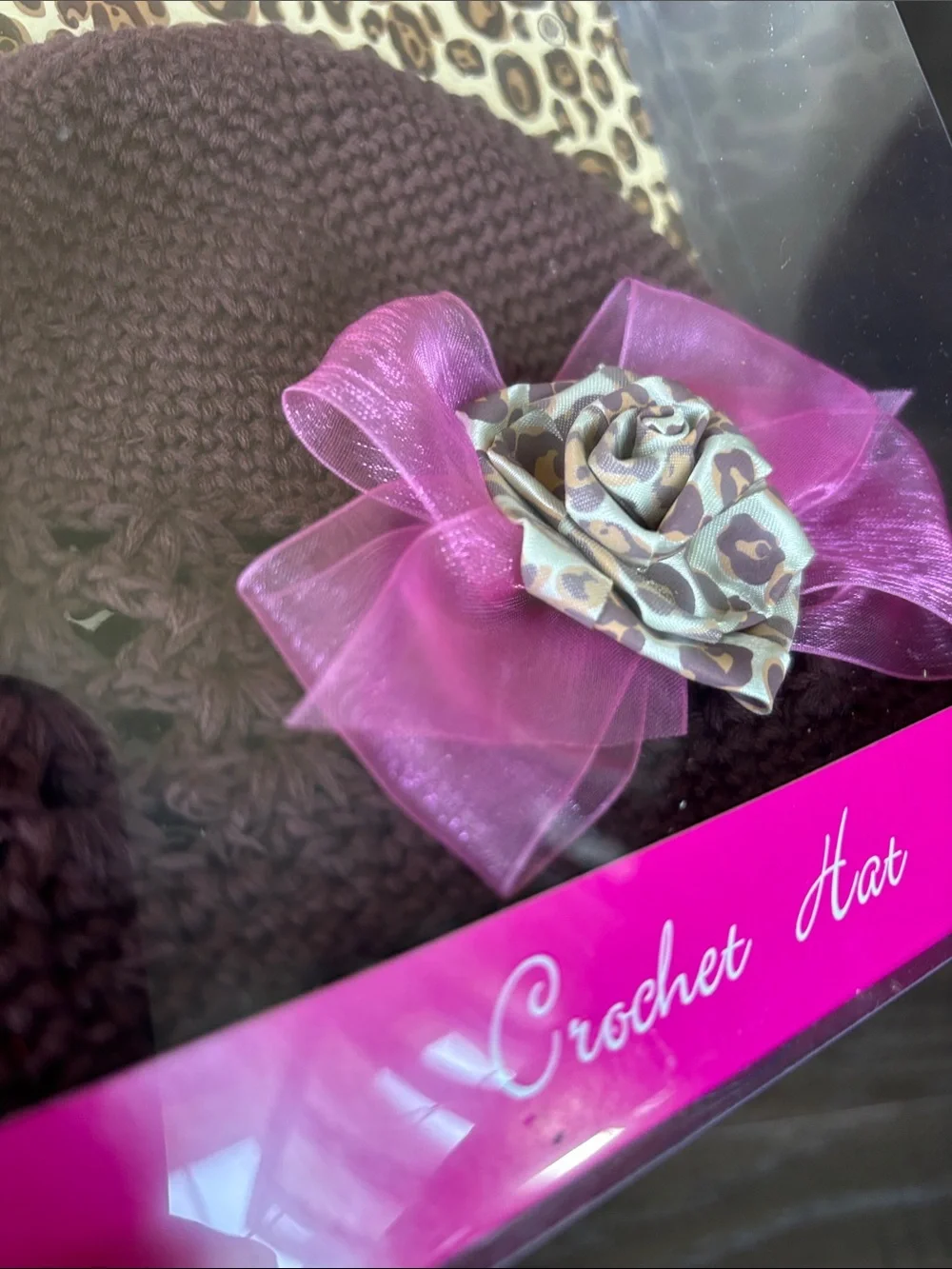Baby Essentials Crochet 100% cotton stretch hat,leopard flower,pink organza bow
